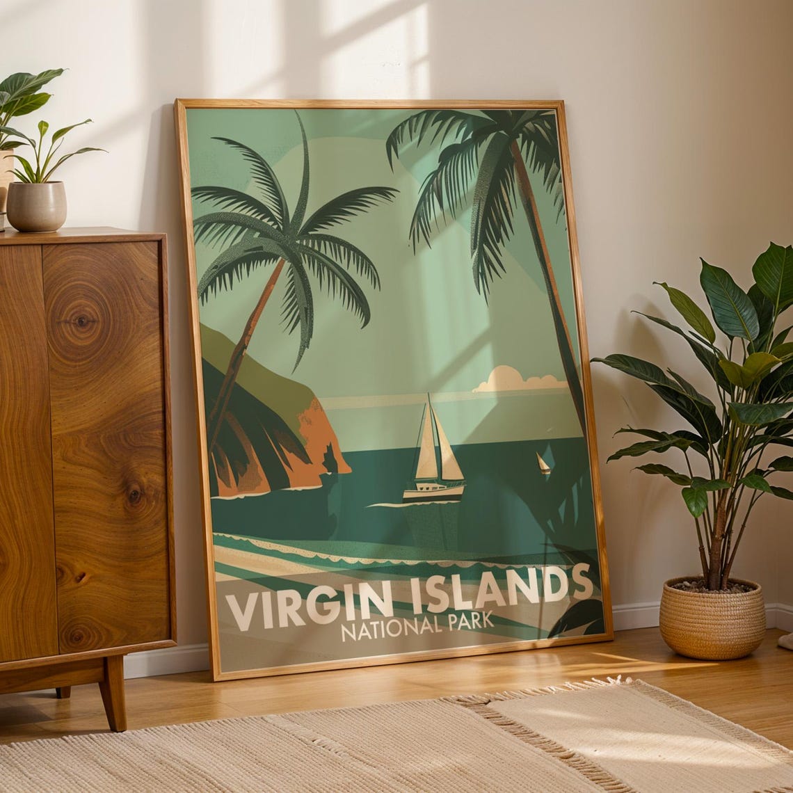 Virgin Islands National Park Palm Sailboat Retro Travel Poster