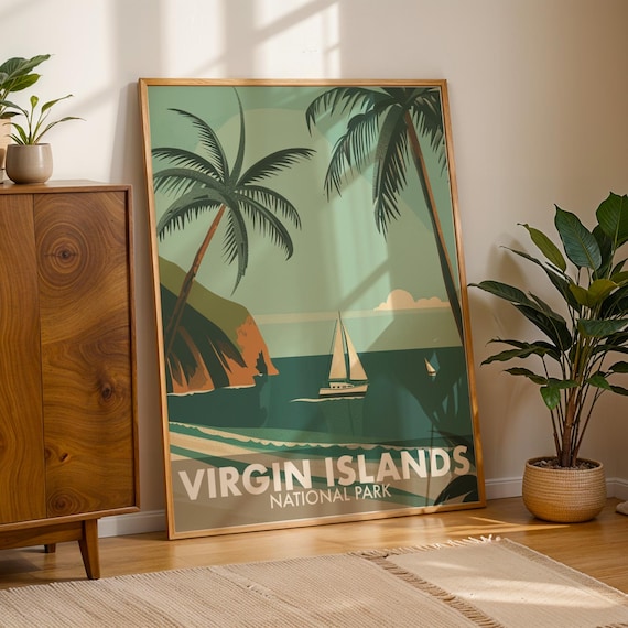 Virgin Islands National Park Palm Sailboat Retro Travel Poster