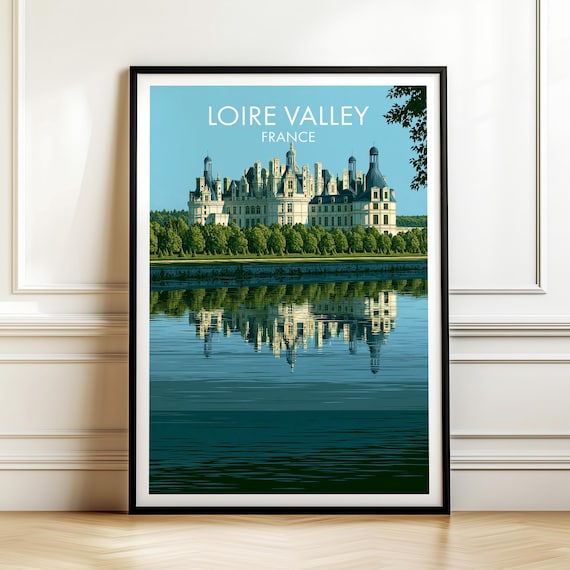 Loire Valley France Vintage Travel Poster with Chateau and River Reflection