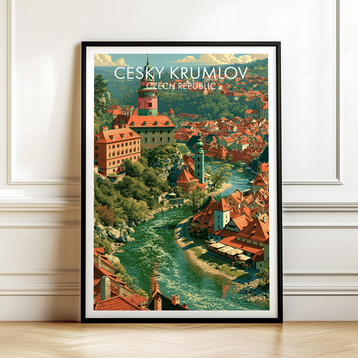 Cesky Krumlov Czech Republic Castle Tower River Old Town Vintage Travel Poster