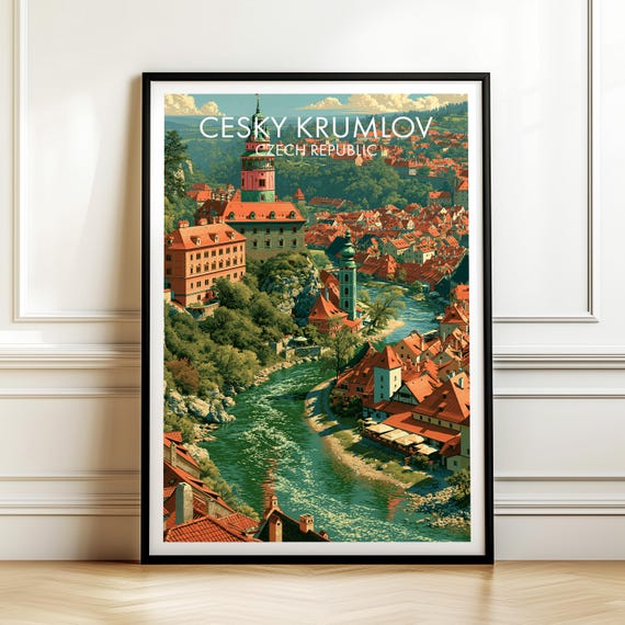Cesky Krumlov Travel Poster Vintage Czech Republic Cityscape Wall Art Print