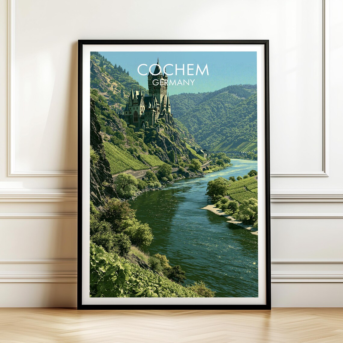 Cochem Germany Hilltop Castle Moselle River Valley Vintage Travel Poster