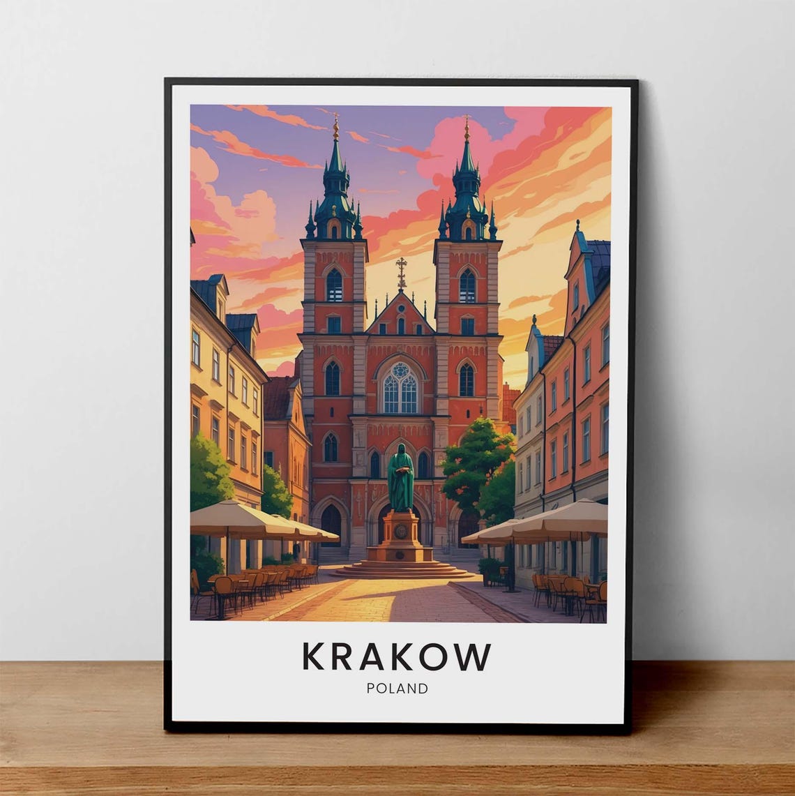 Krakow Poland Old Town Twin Tower Cathedral Sunset Travel Poster