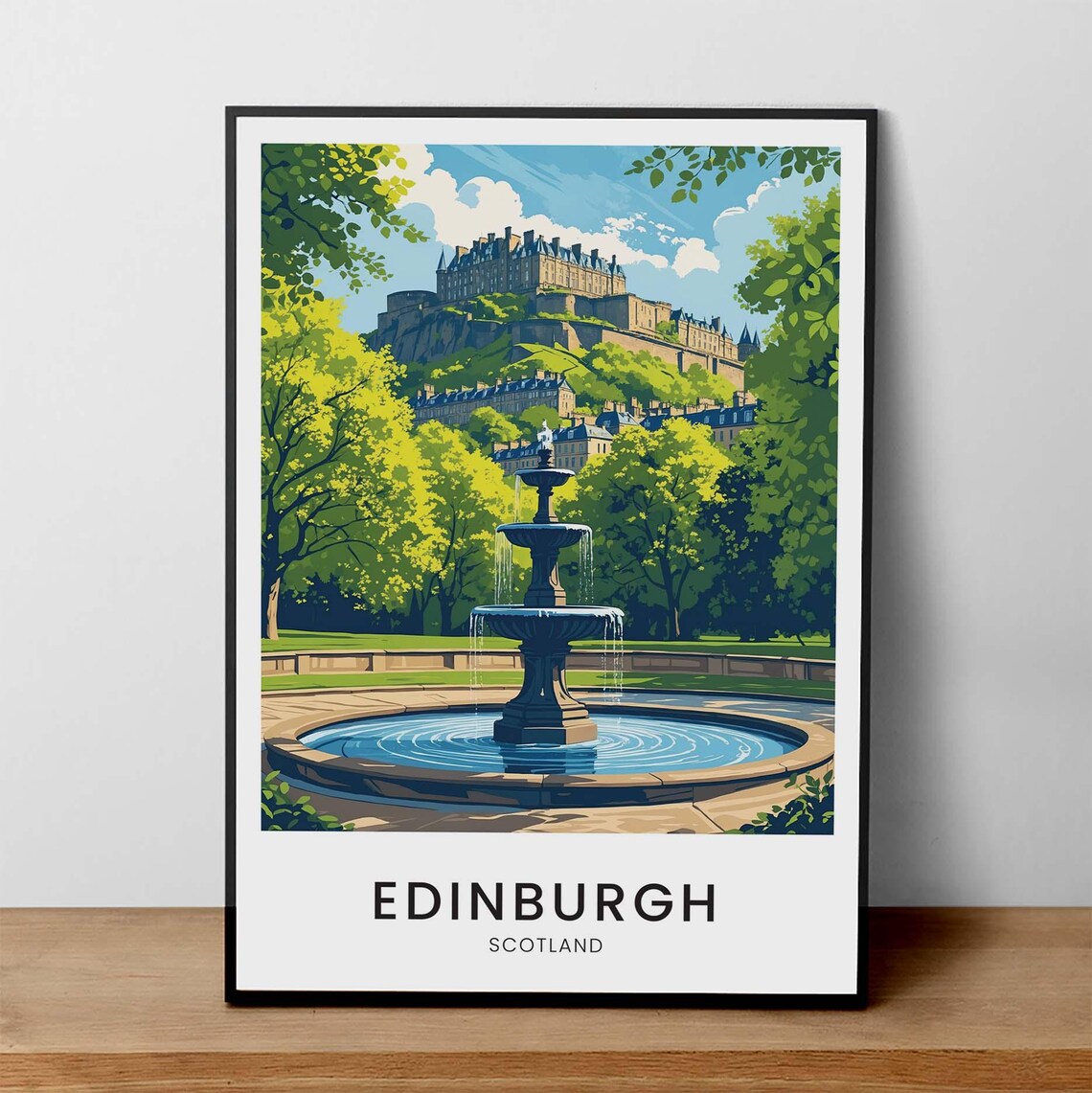 Edinburgh Scotland Castle Garden Fountain Vintage Travel Poster