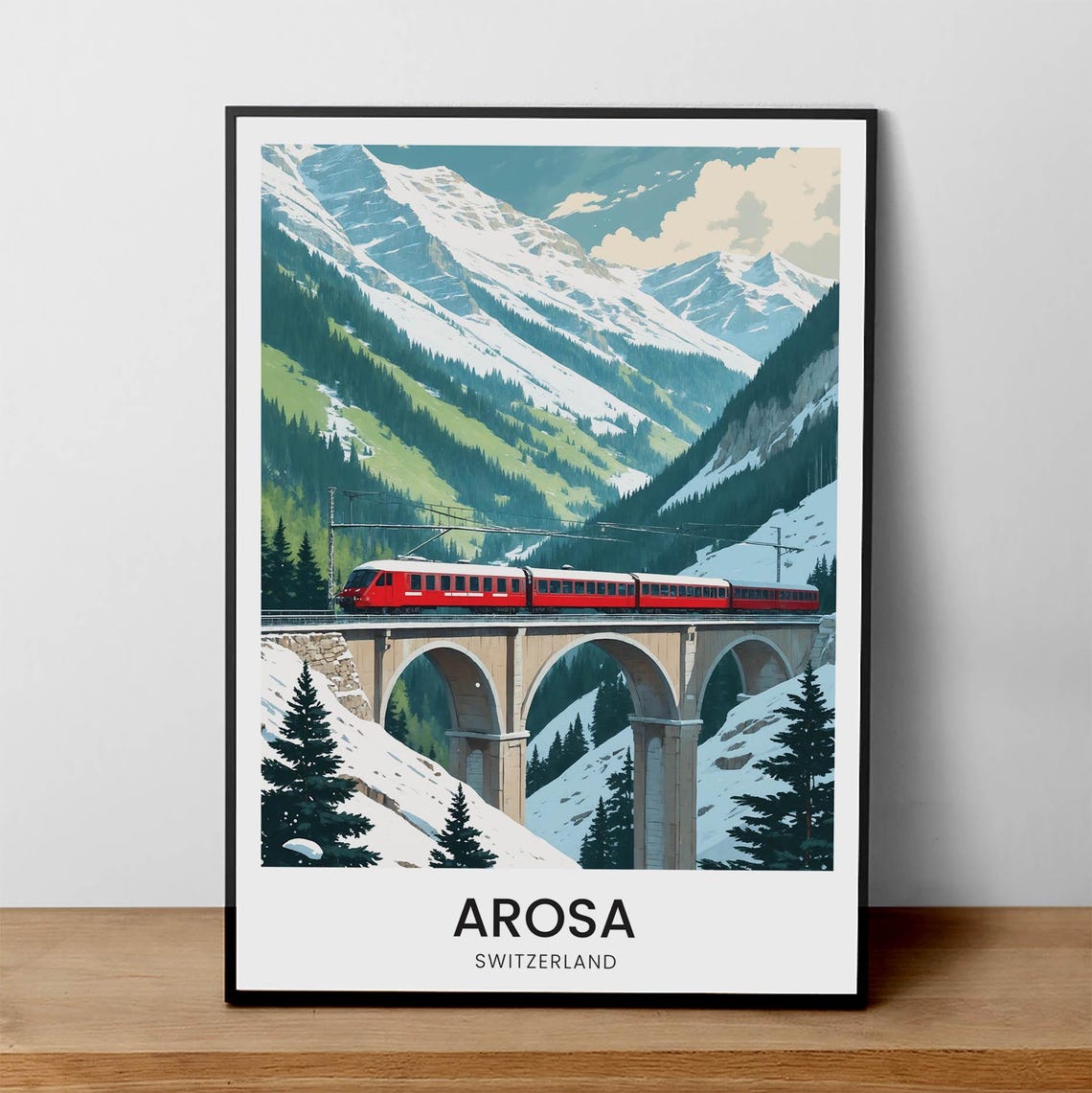 Arosa Switzerland Red Alpine Train Stone Viaduct Winter Poster