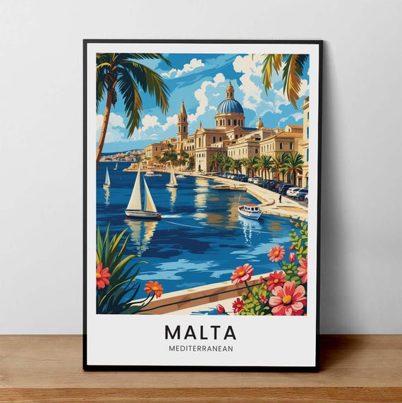 Malta Coastal Print Mediterranean Seaside Illustration