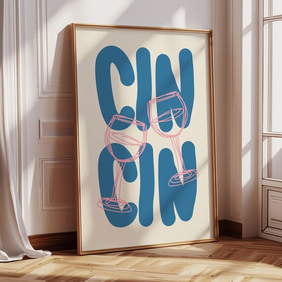 Wine Cin Cin Print Alcohol Poster Print Retro Bar Cart Wall Art Art Decor Drinks Blue Poster Cute Kitchen Decor