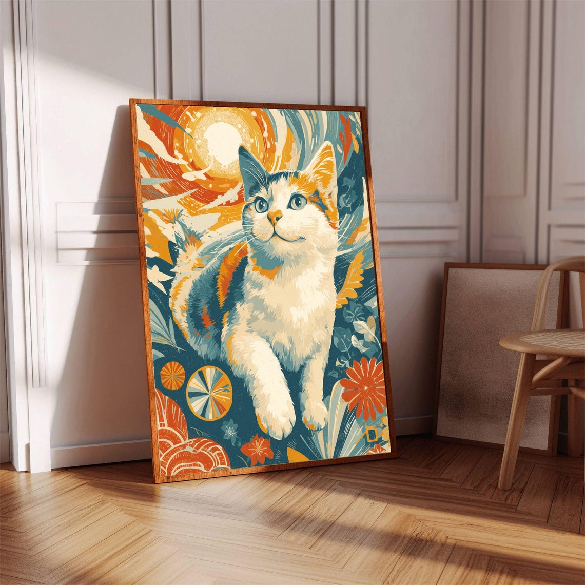 Vibrant Leaping Calico Cat in Bold Tropical Sunset Floral Poster - Image 2