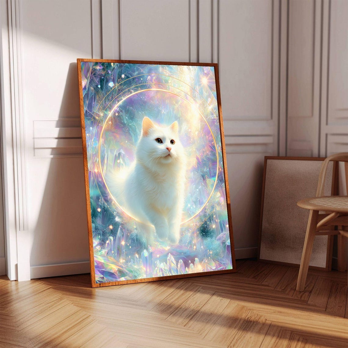 White Cat Crystal Aura Iridescent Mystical Celestial Cat Poster - Image 3