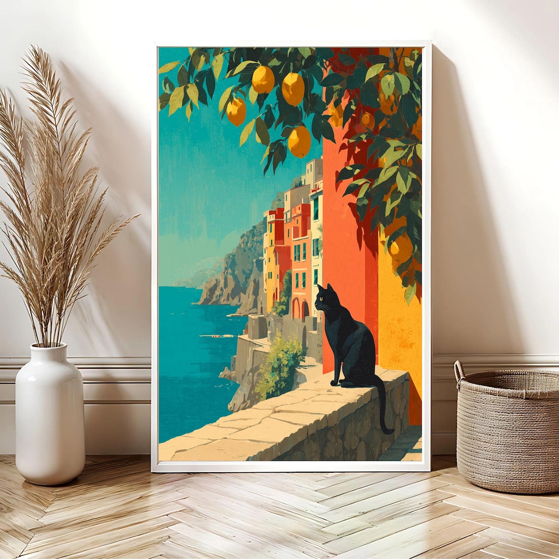 Amalfi Coast Black Cat Colorful Cliffside Village Sea View Poster