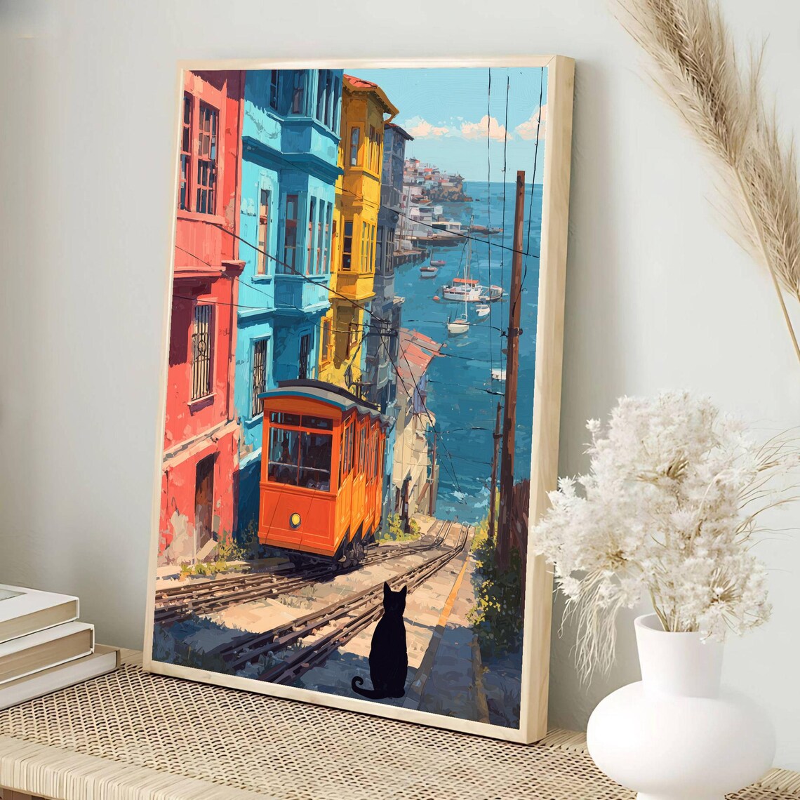 Coastal Port Funicular Tram Street Black Cat Harbor Art Poster - Image 3