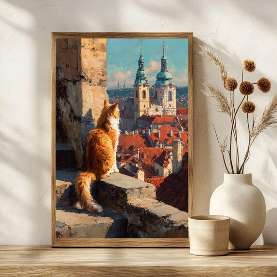 Ginger Cat Watching Old Town Rooftops Scenic Travel Cat Poster
