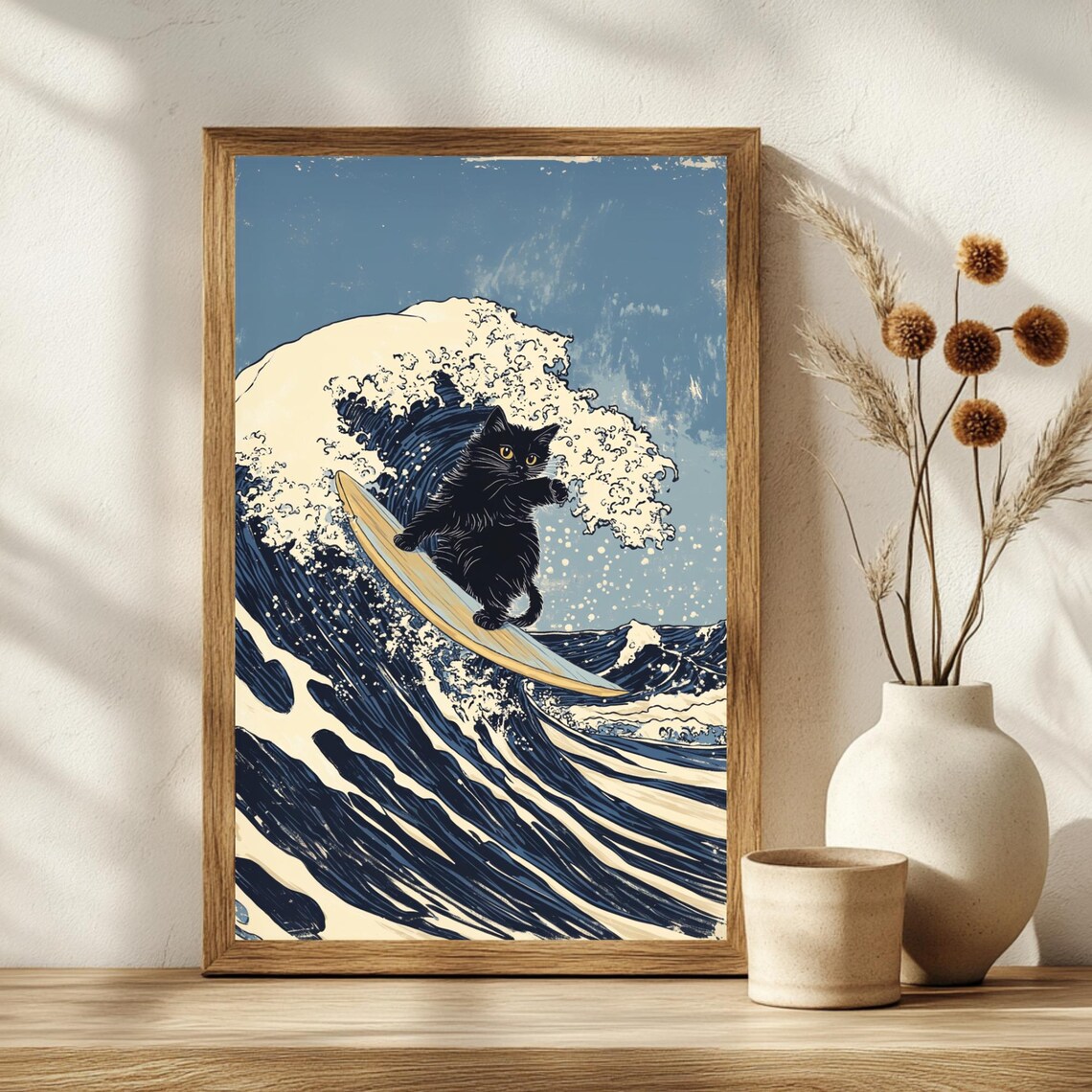 Hokusai Great Wave Surfing Black Cat Japanese Ukiyoe Art Poster - Image 2