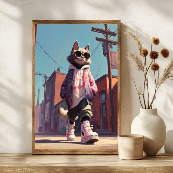 Streetwear Cat in Sunglasses Hoodie Strutting City Street Poster