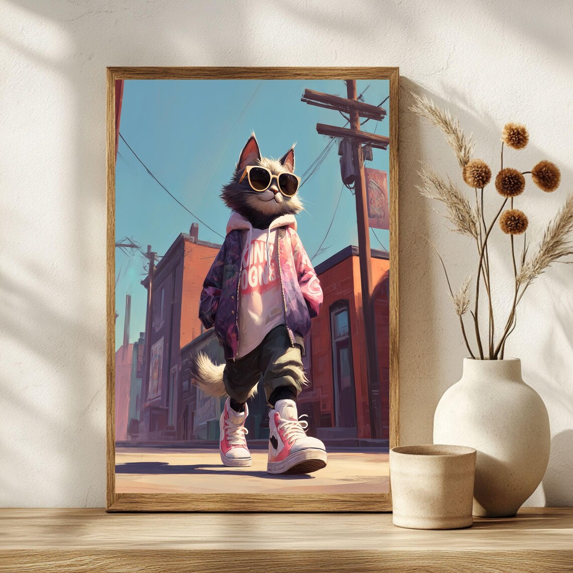 Streetwear Cat in Sunglasses Hoodie Strutting City Street Poster