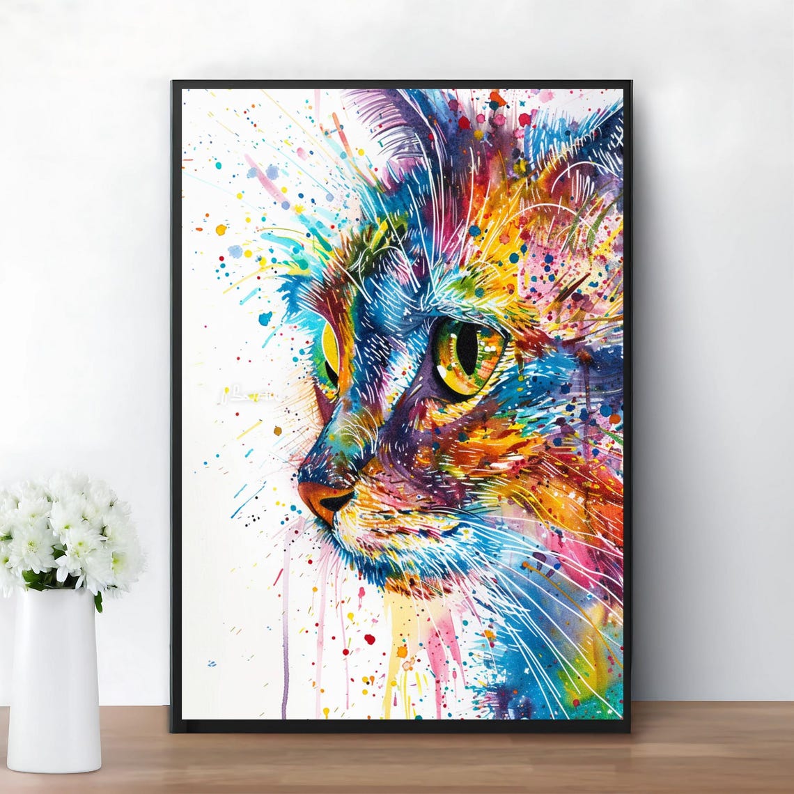 Colorful Watercolor Cat Portrait Splatter Paint Vibrant Wall Poster - Image 2