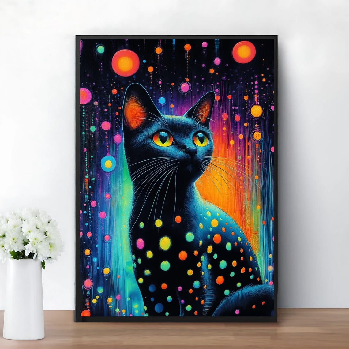 Black Cat Neon Polka Dots Vibrant Modern Pop Art Style Poster