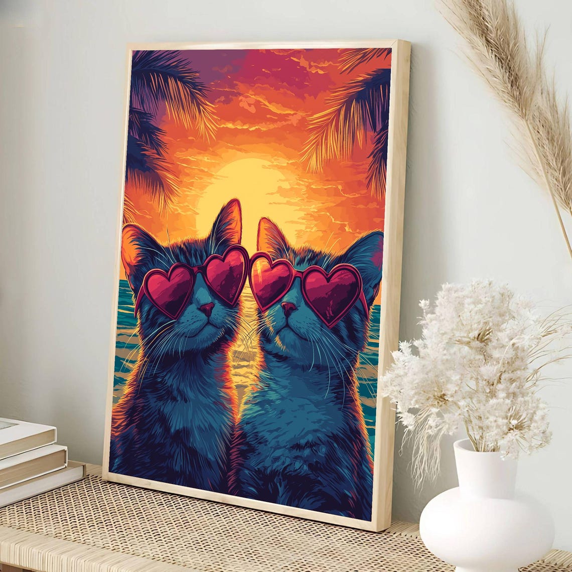 Two Happy Cats in Heart Sunglasses Tropical Sunset Beach Poster - Image 3