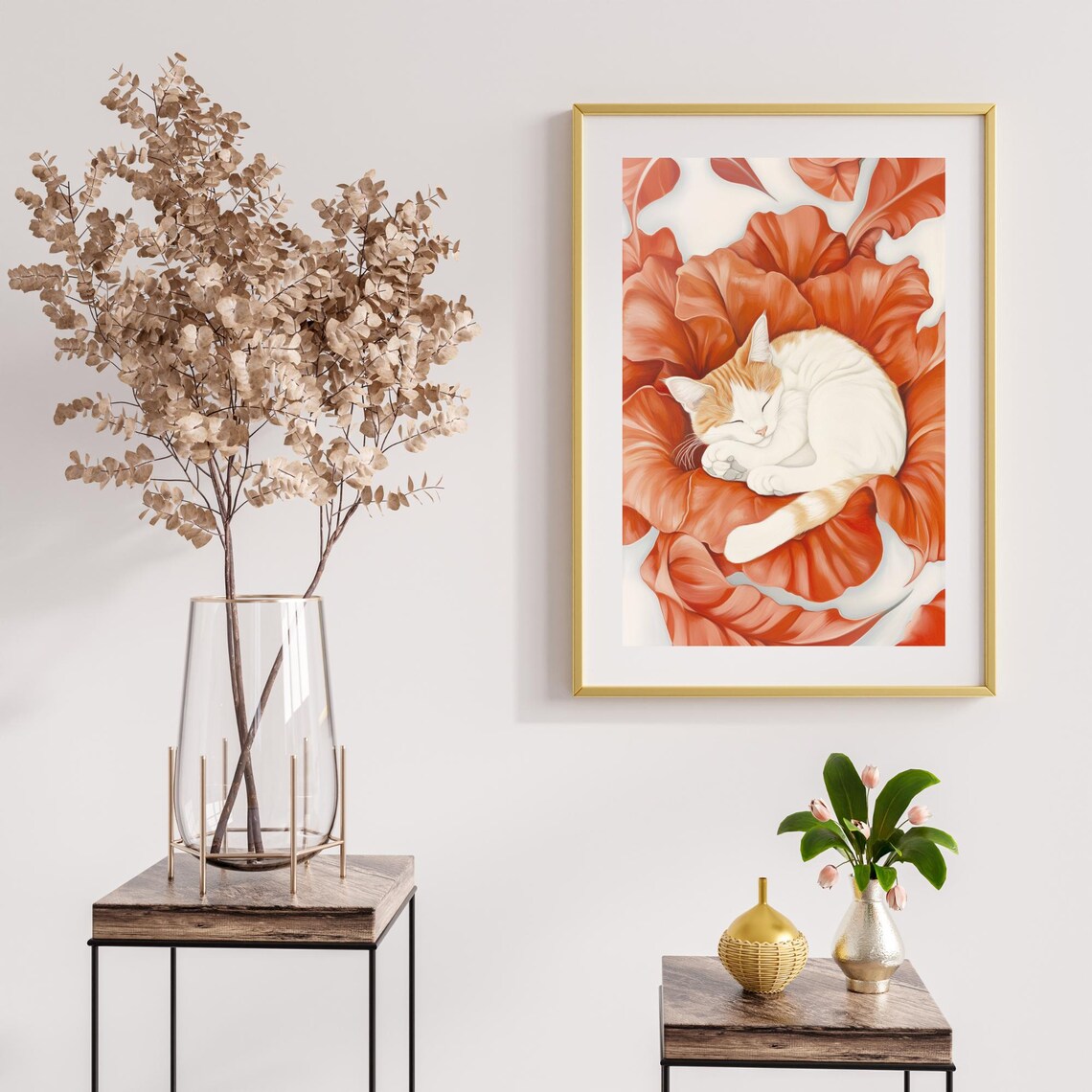 Sleeping Cat Curled in Giant Coral Flower O Keeffe Style Poster - Image 2