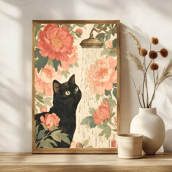 Japanese Style Black Cat Shower Peonies Floral Bathroom Wall Poster