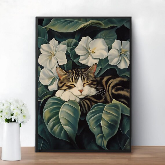 Sleeping Tabby Cat Georgia O Keeffe Style White Flower Poster