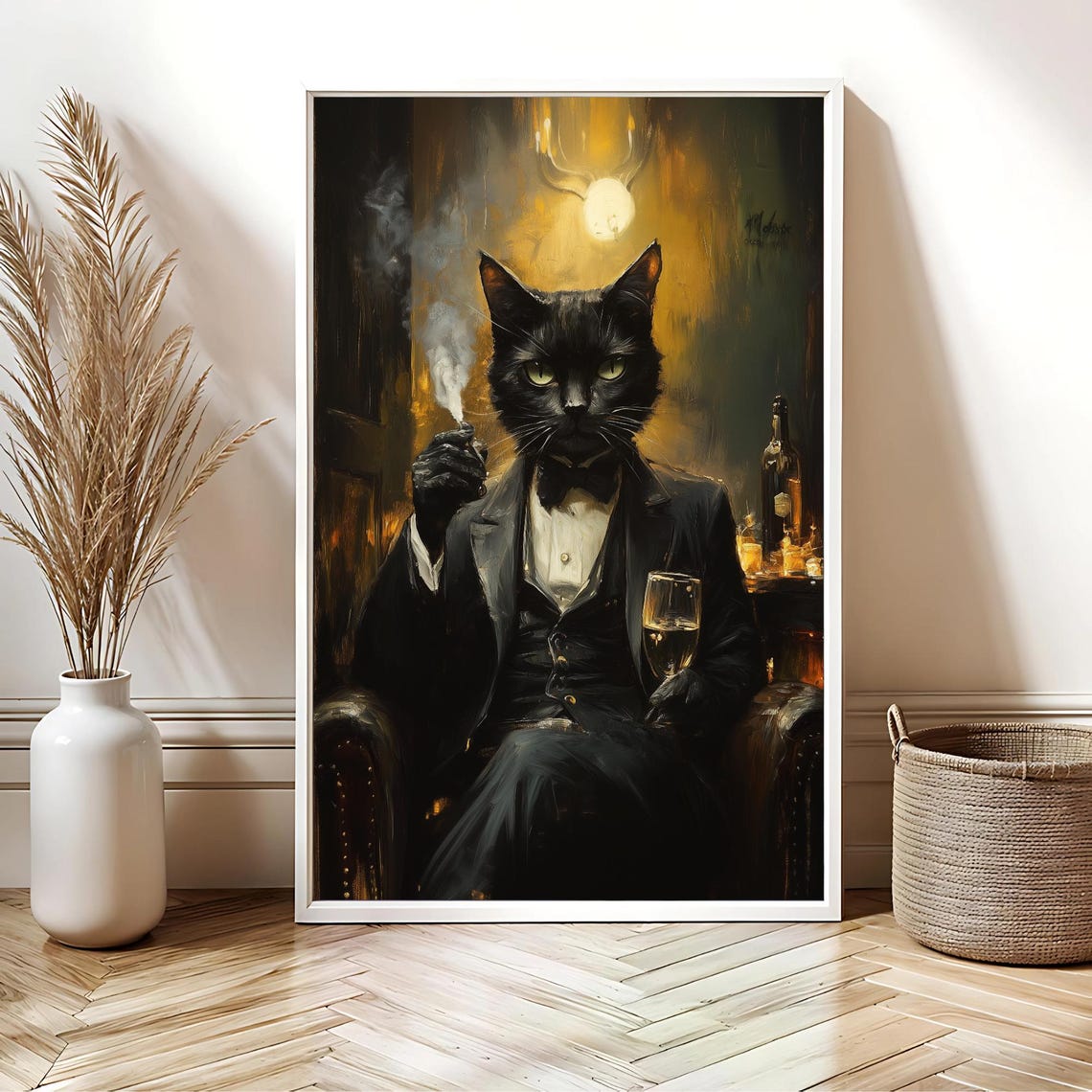 Dapper Black Cat Tuxedo Cigar Champagne Vintage Art Deco Poster