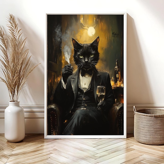 Dapper Black Cat Tuxedo Cigar Champagne Vintage Art Deco Poster
