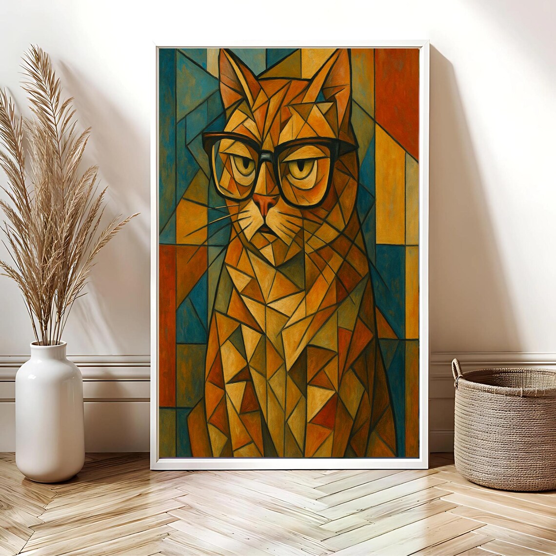 Orange Cubist Cat Portrait With Glasses Geometric Modern Poster - Image 3