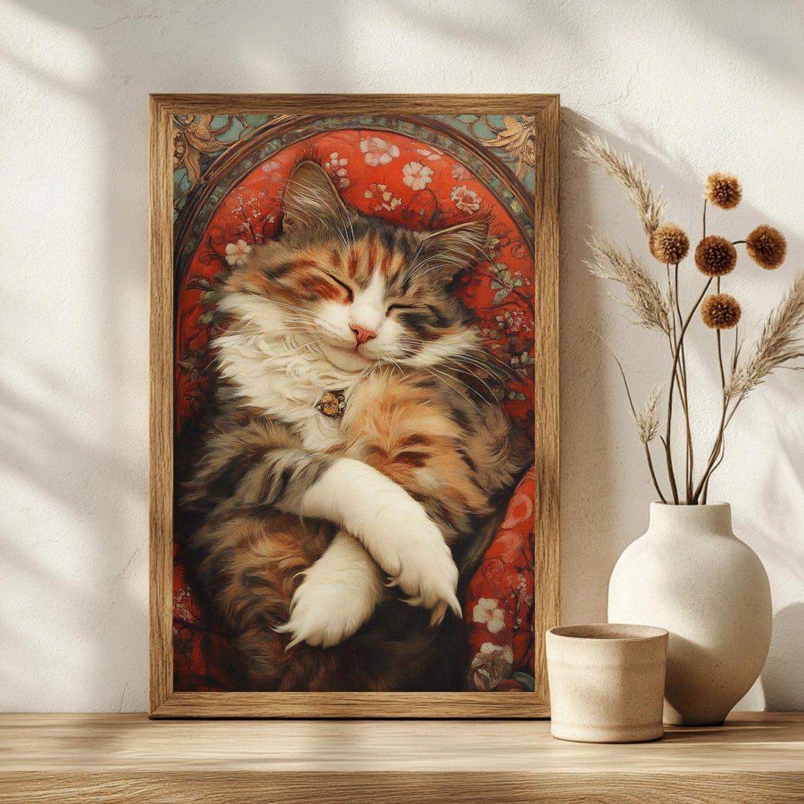Sleeping Long Haired Cat Art Nouveau Style Floral Arch Poster