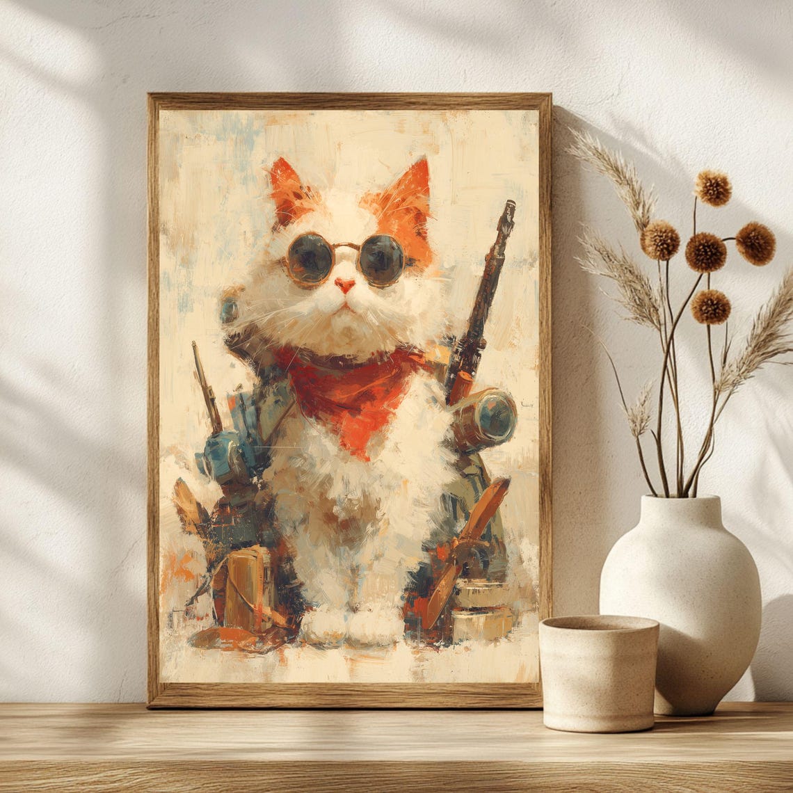 White Warrior Cat With Sunglasses Red Bandana Action Art Poster - Image 3