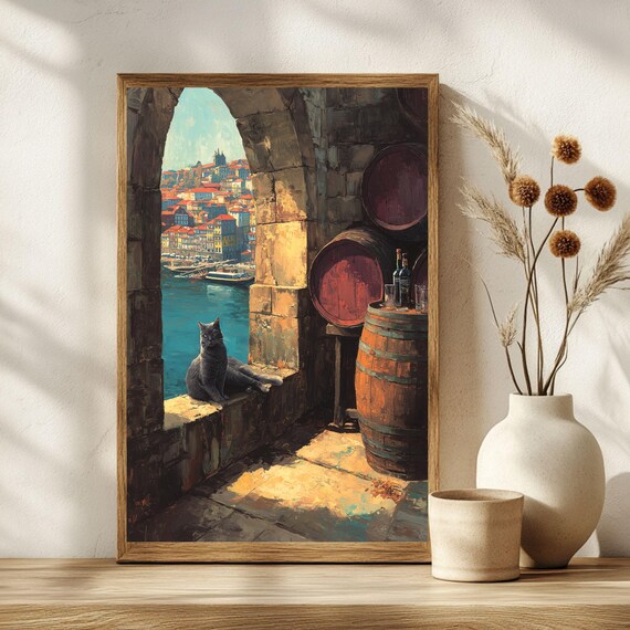 Vintage Harbor View Gray Cat Wine Cellar Arched Window Art Poster