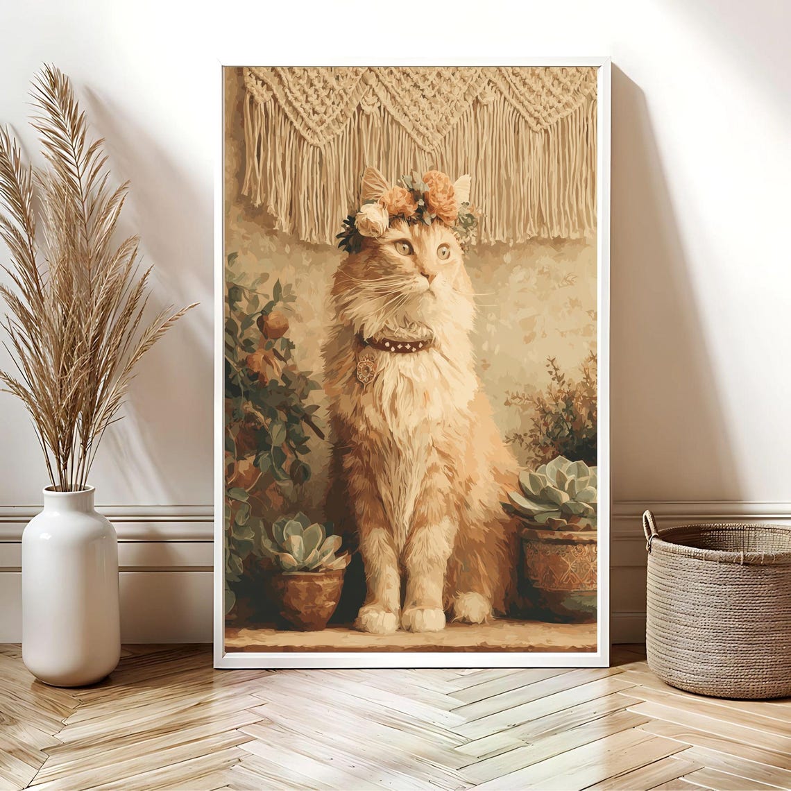 Long Haired Boho Cat With Flower Crown Succulents Art Poster