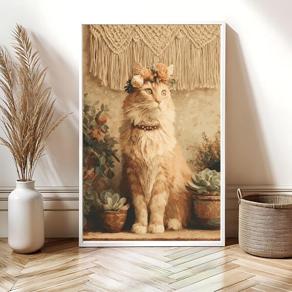 Long Haired Boho Cat With Flower Crown Succulents Art Poster