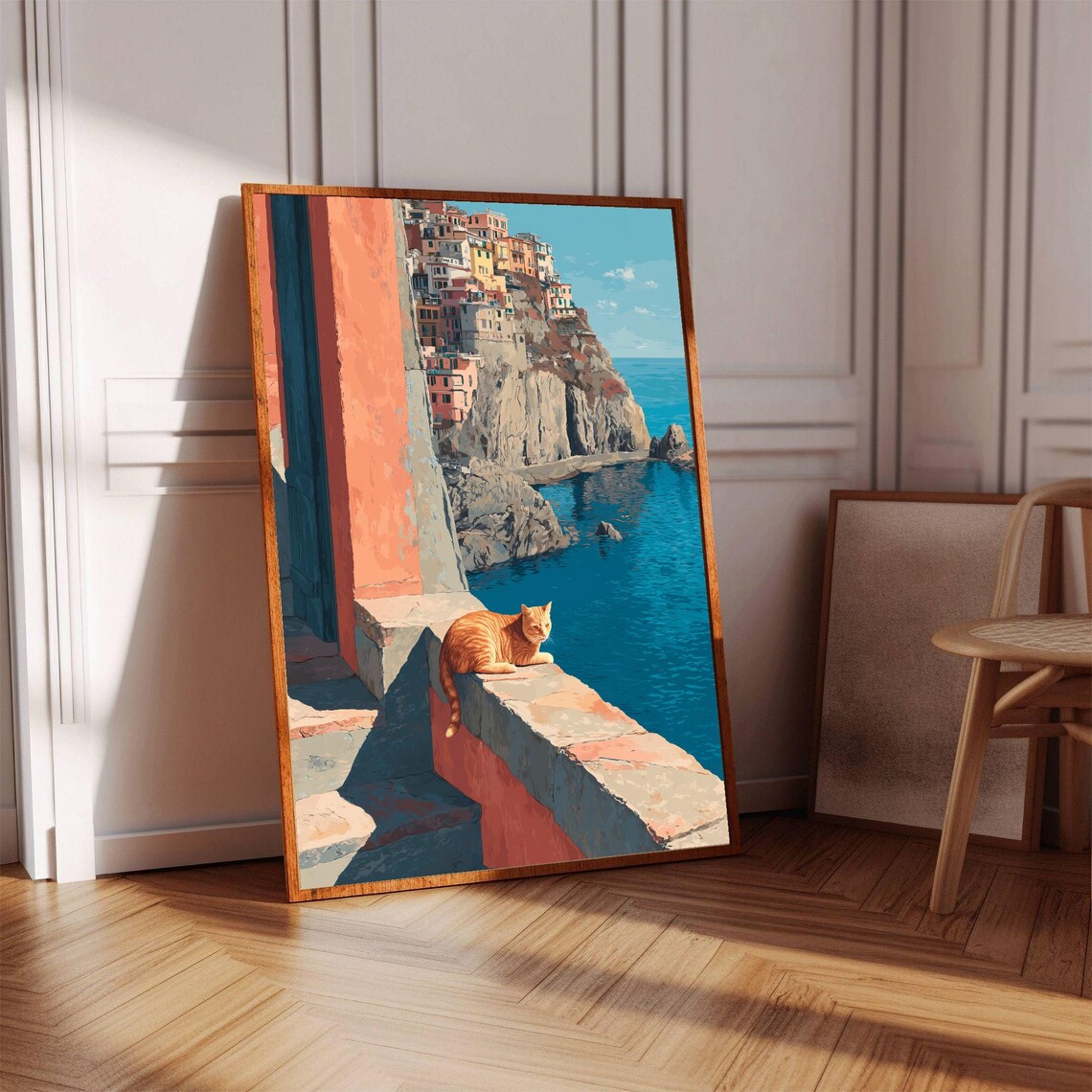 Orange Cat Above Italian Cliffside Village Coastal Travel Poster