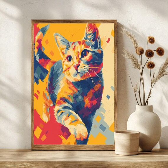Vibrant Fauvist Cat Mosaic Style Colorful Wild Feline Art Poster