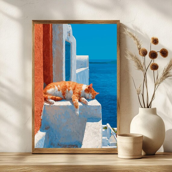 Sleeping Orange Cat Santorini Steps Blue Sea View Art Poster