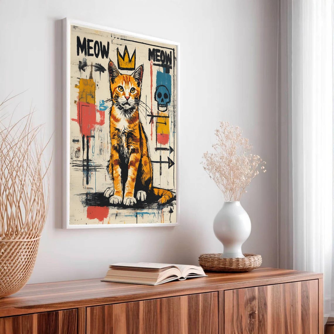Meow Basquiat Style Orange Tabby Gold Crown Skull Graffiti Poster - Image 3