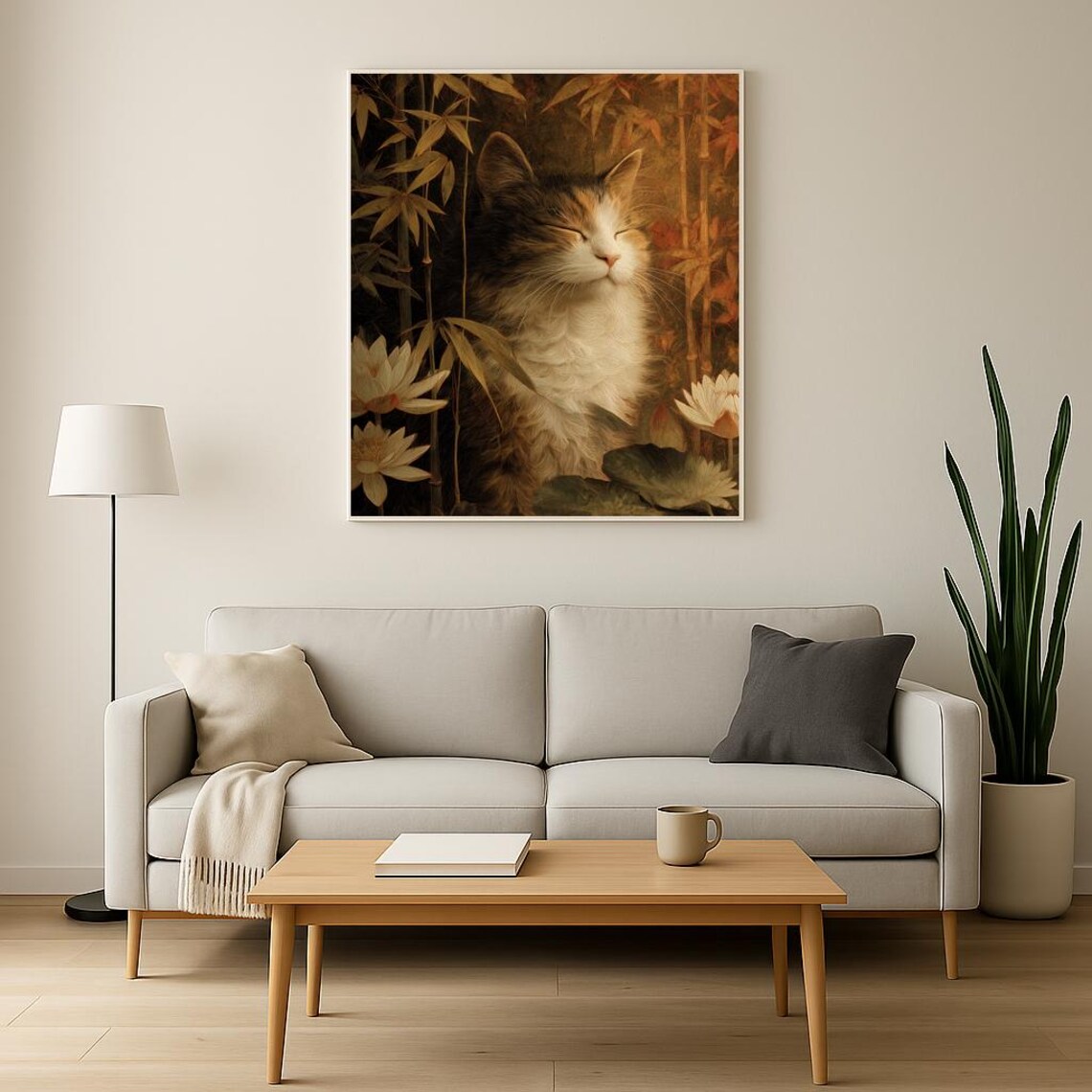 Sleeping Cat Among Golden Bamboo Lotus Blossoms Zen Art Poster - Image 3