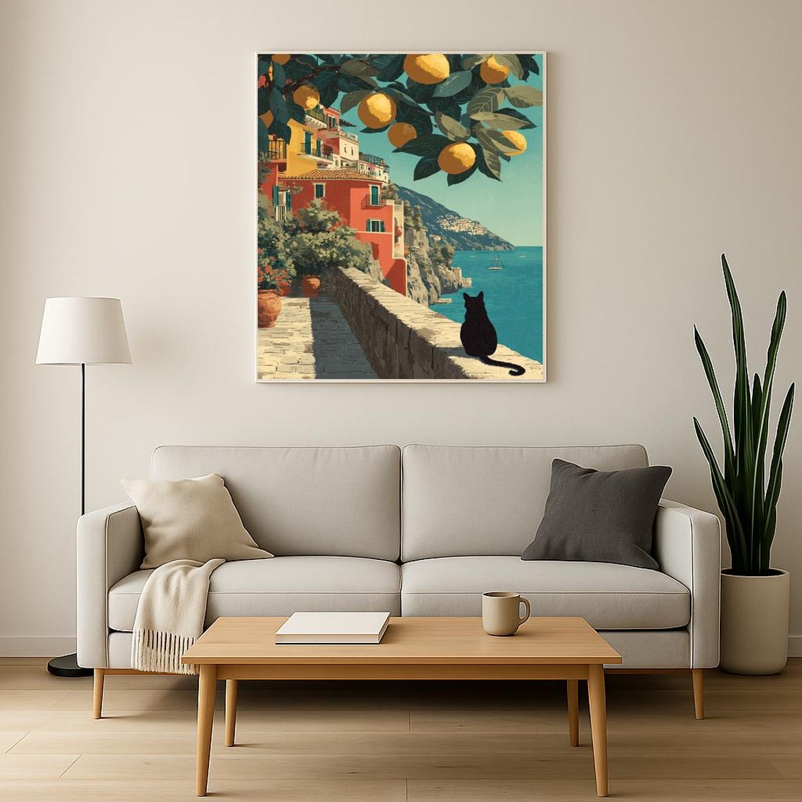 Black Cat on Coastal Wall Amalfi Lemon Tree Travel Art Poster - Image 2