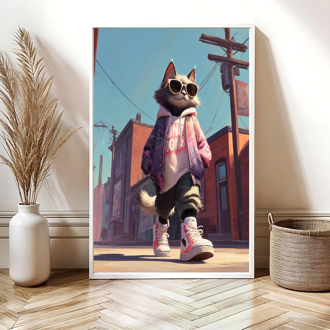 Streetwear Cat in Sunglasses Hoodie Strutting City Street Poster - Image 3