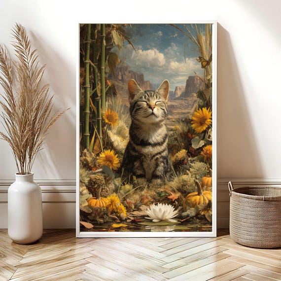 Dreamy Surreal Zen Cat Art Print Whimsical Feline Poster Meditative Wall Decor Lover Gift Salvador Dal Style