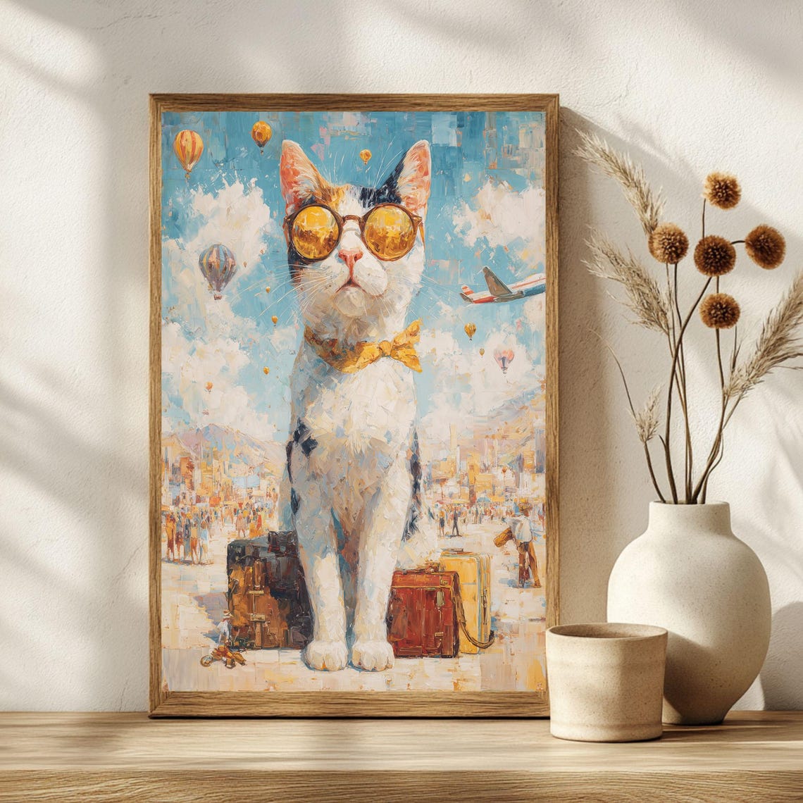 Dapper Cat in Sunglasses Bow Tie Hot Air Balloon Travel Poster - Image 2