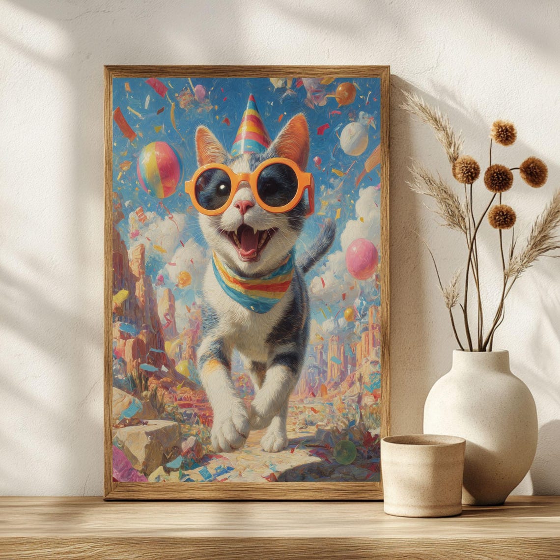 Smiling Cat With Sunglasses Party Hat Surreal Dreamland Poster