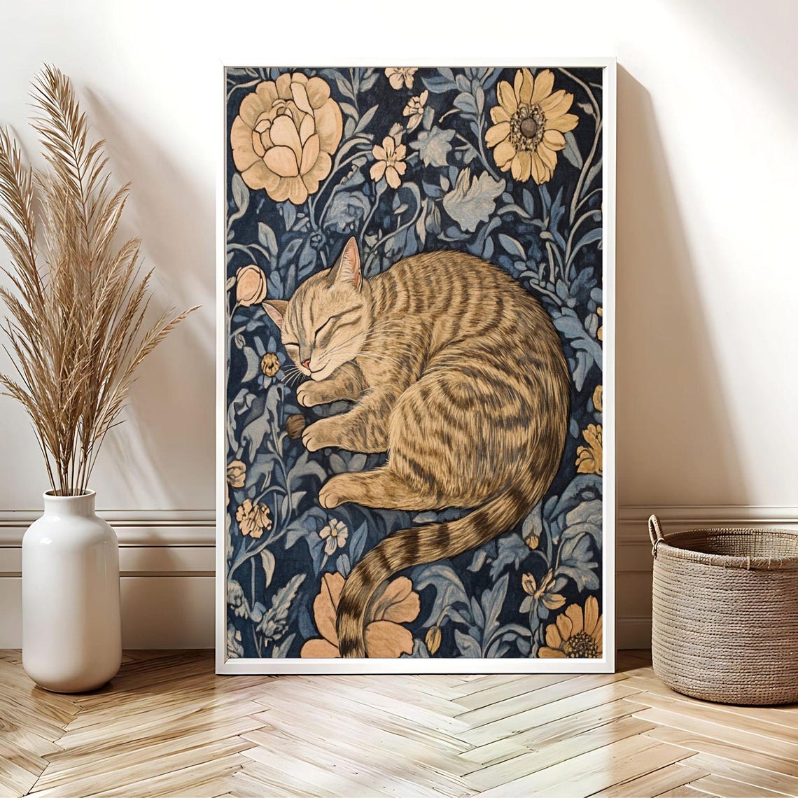 Sleeping Tabby Cat William Morris Style Floral Pattern Poster