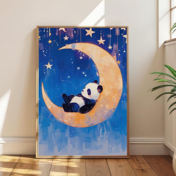 Sweet Dreams Moon Panda Wall Art Adorable Lunar Feline Print Celestial Kids Bedroom Decor Calming Nursery