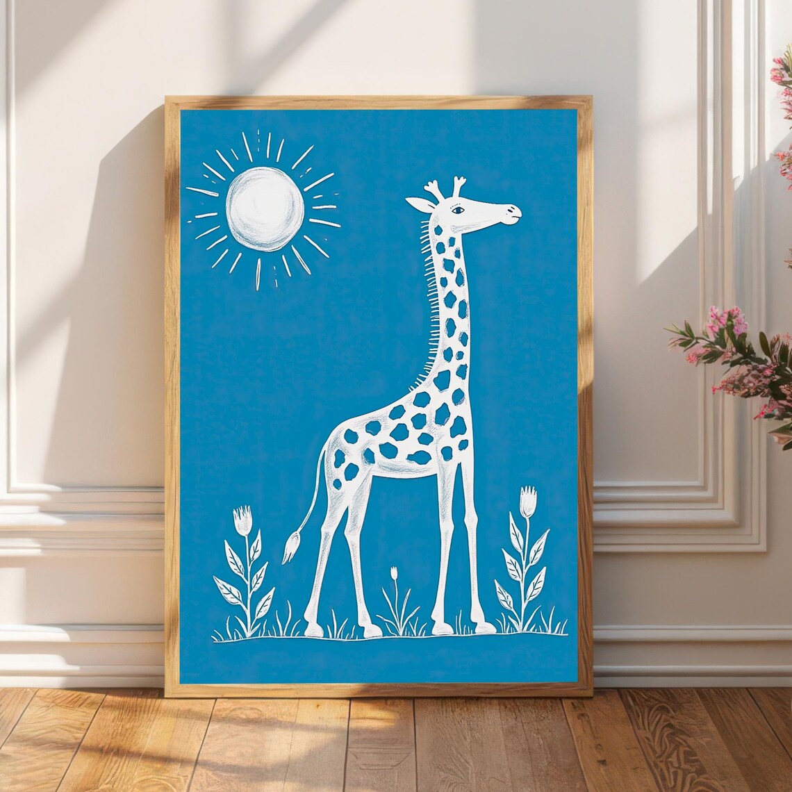 Minimalist White Giraffe Line Art Drawing Blue Nursery Wall Print