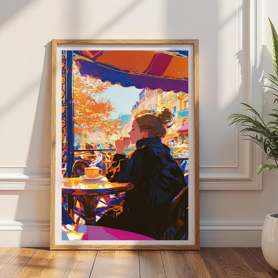 Parisian Cafe Morning Art Print Woman With Coffee Wall Decor Vibrant Bistro European Charm Scene