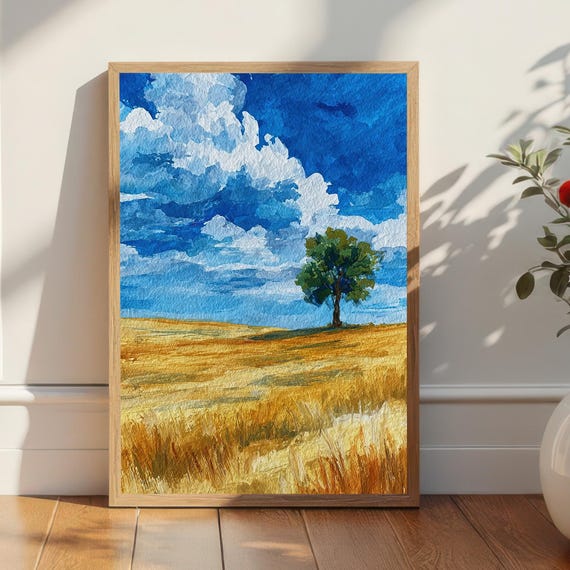 Blue Sky Golden Wheat Field Wall Art Solitary Tree Landscape Watercolor Painting Print Rustic Farmhouse