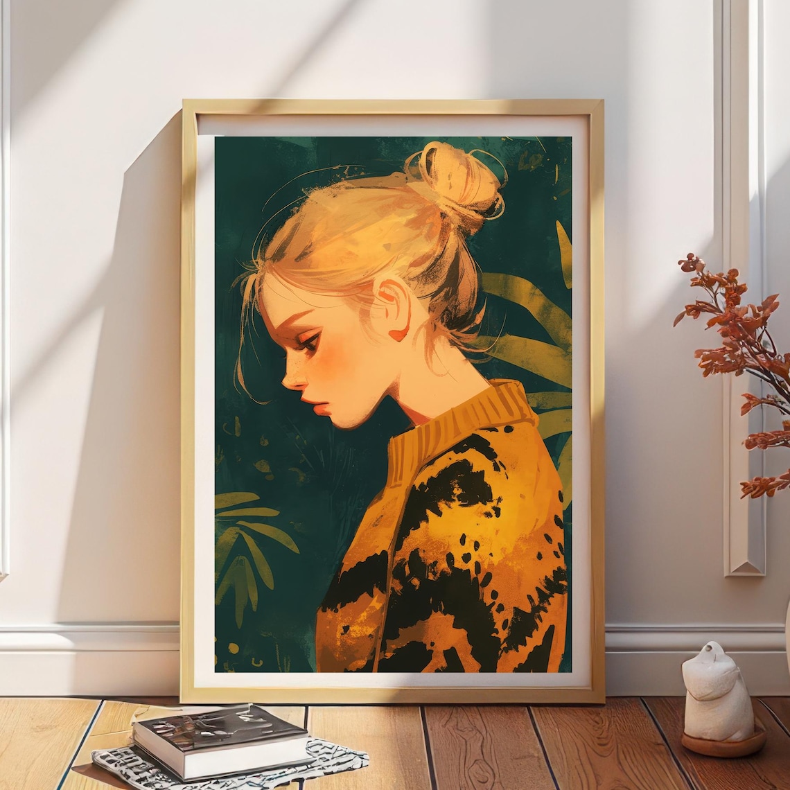 Warm Amber Tones Woman Profile Illustration Painterly Style Wall Art