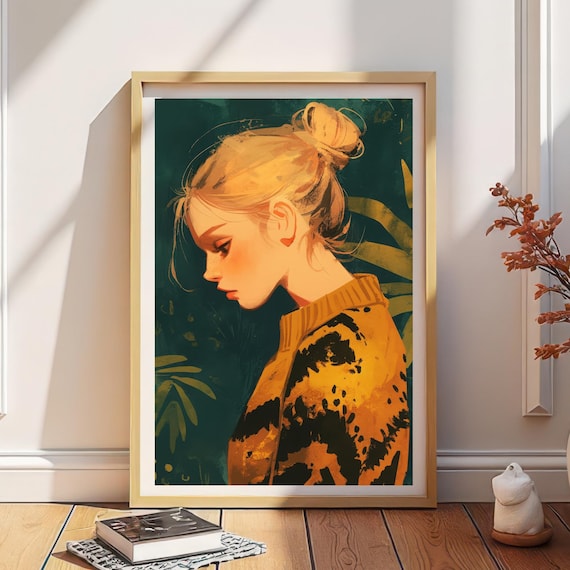 Warm Amber Tones Woman Profile Illustration Painterly Style Wall Art